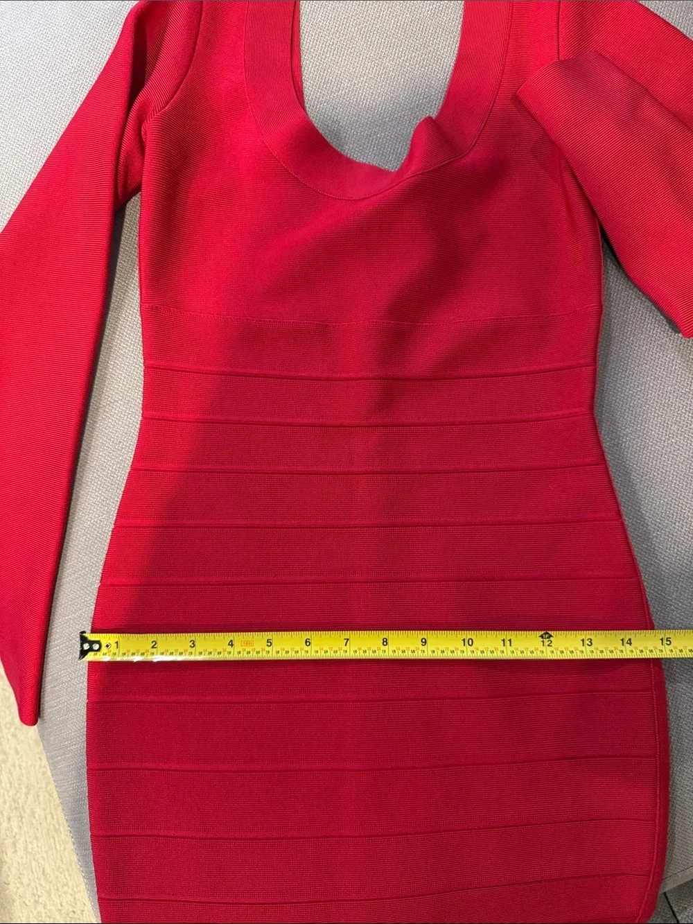 Herve Leger Paris Raspberry Red Long Sleeve Striped Scoop Neck Dress M